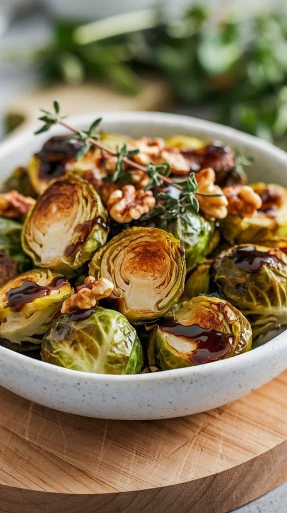 A bowl of roasted Brussels sprouts topped with walnuts, drizzled with balsamic glaze, and garnished with sprigs of thyme on a wooden table.