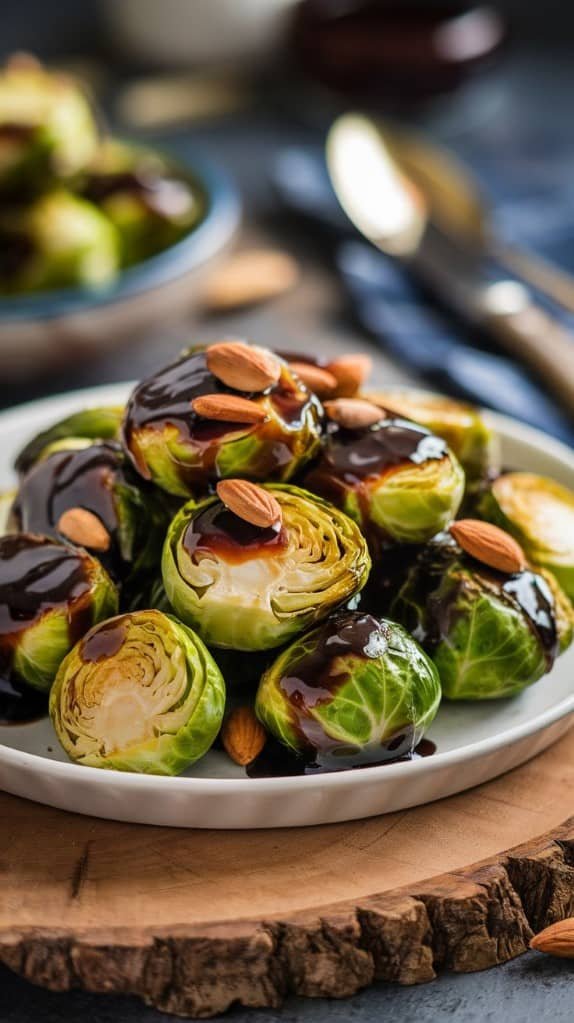 Plate of roasted Brussels sprouts drizzled with dark Balsamic glaze and topped with almonds, set on a rustic wooden board. Warm, appetizing presentation.