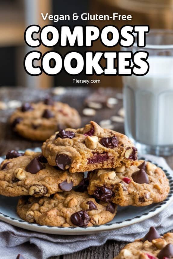 A plate of vegan and gluten-free compost cookies with chocolate chips and nuts is stacked in front of a glass of milk. Text reads "Vegan & Gluten-Free Compost Cookies." The setting feels cozy and inviting.