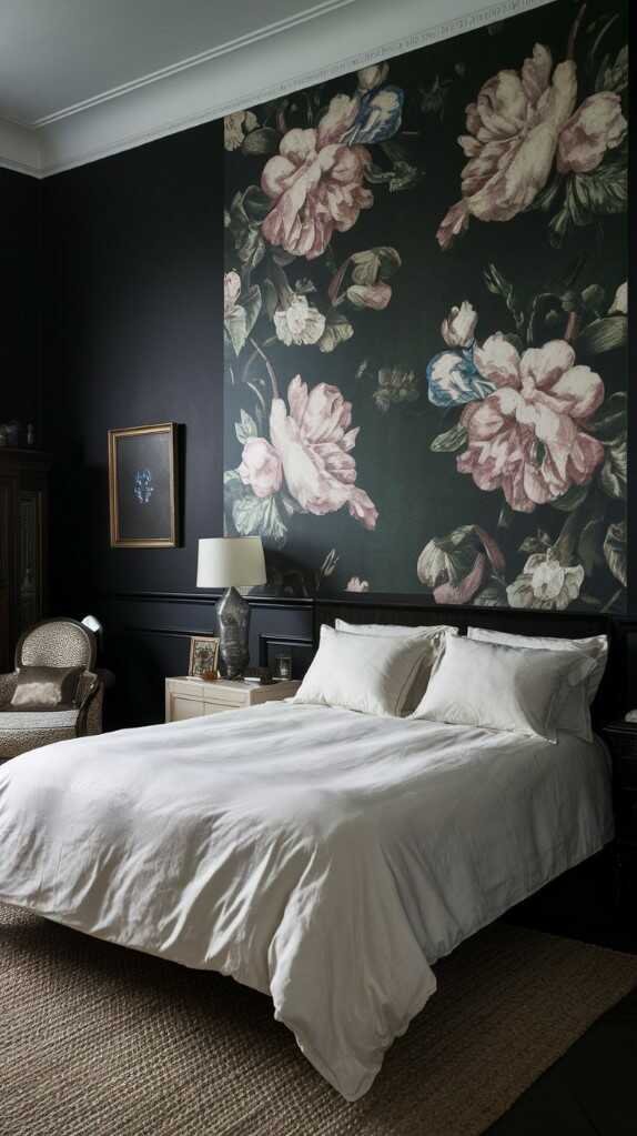 A dark floral wallpaper showcasing roses and leaves, creating a moody accent wall in a bedroom.