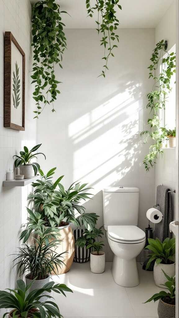 A modern small bathroom with various green plants, including hanging vines and potted plants, providing a fresh look.