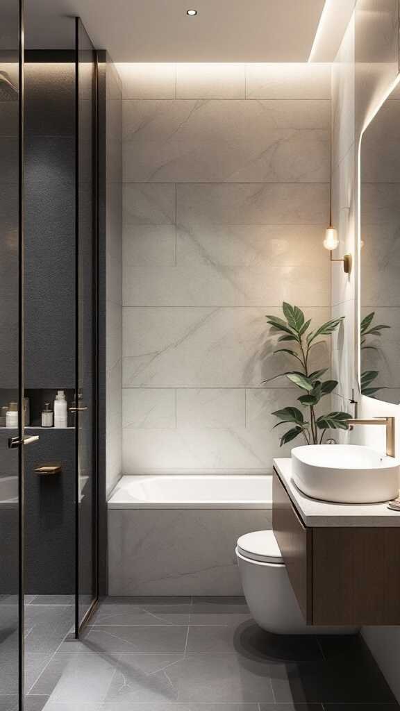 A modern small bathroom featuring a sleek design with a floating vanity, plants, and contemporary fixtures.