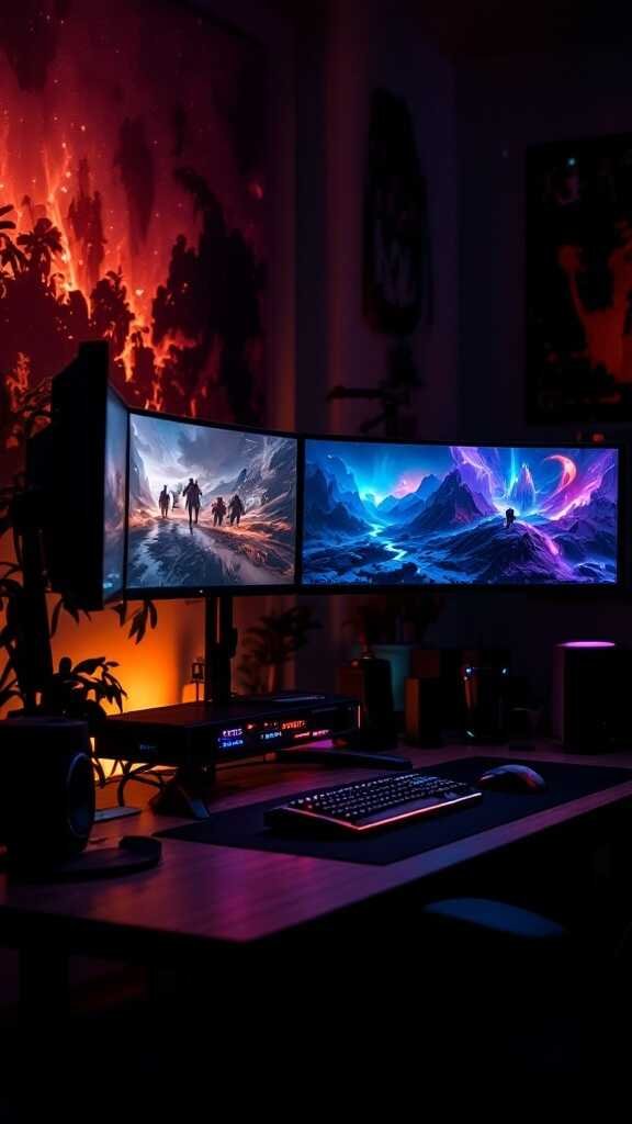 A stylish gaming setup featuring two monitors on adjustable stands, showcasing vibrant graphics in a dimly lit room.