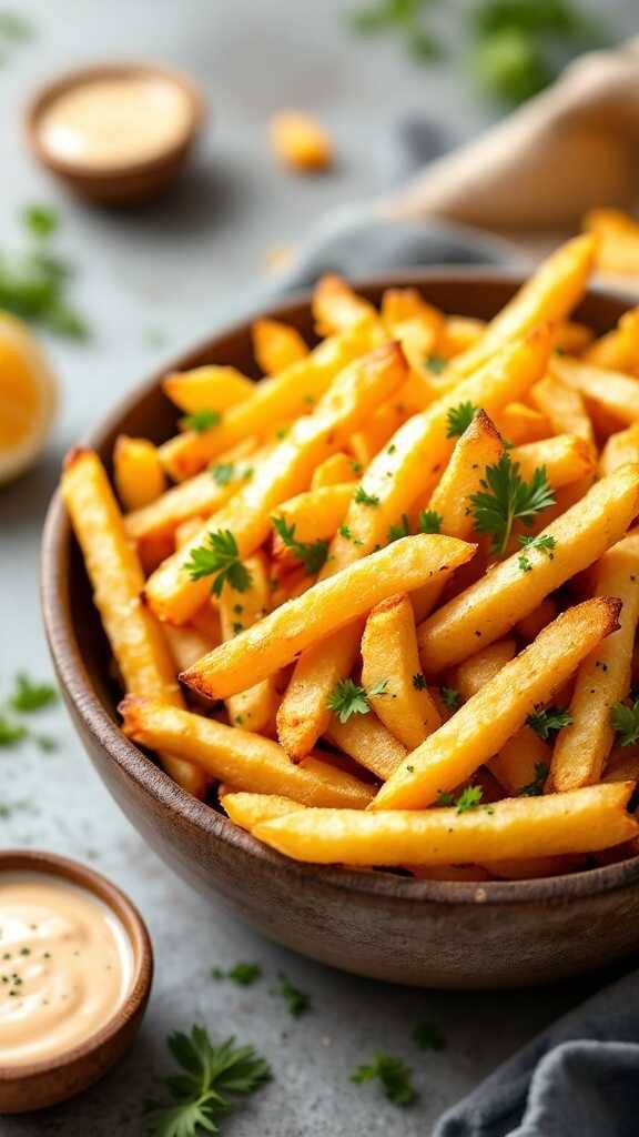 A bowl of crispy air fryer french fries garnished with parsley.