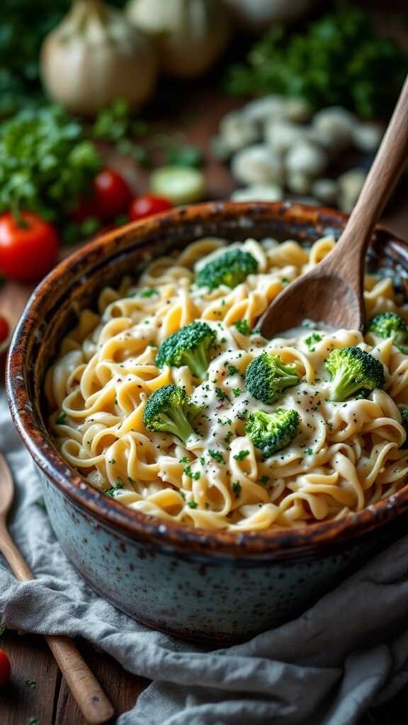 A bowl of creamy Alfredo pasta with broccoli, garnished with parsley.