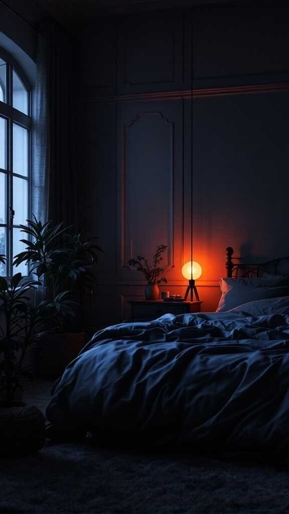 A dark bedroom with cozy lighting, featuring a glowing lamp and soft bedding.