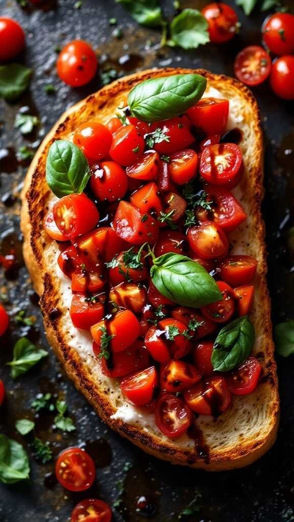 Bruschetta topped with diced tomatoes and basil on toasted bread