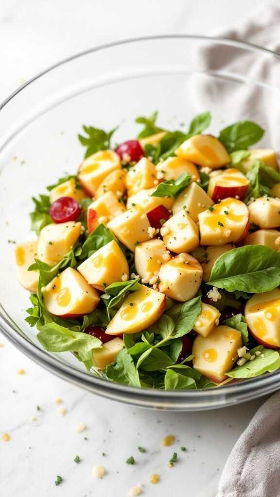 A colorful Apple and Cheddar Salad with greens, diced apples, cherry tomatoes, and cheese