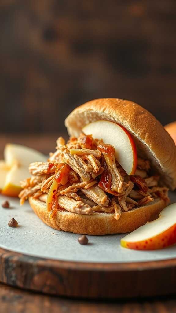 Pulled chicken sandwich with apple slices