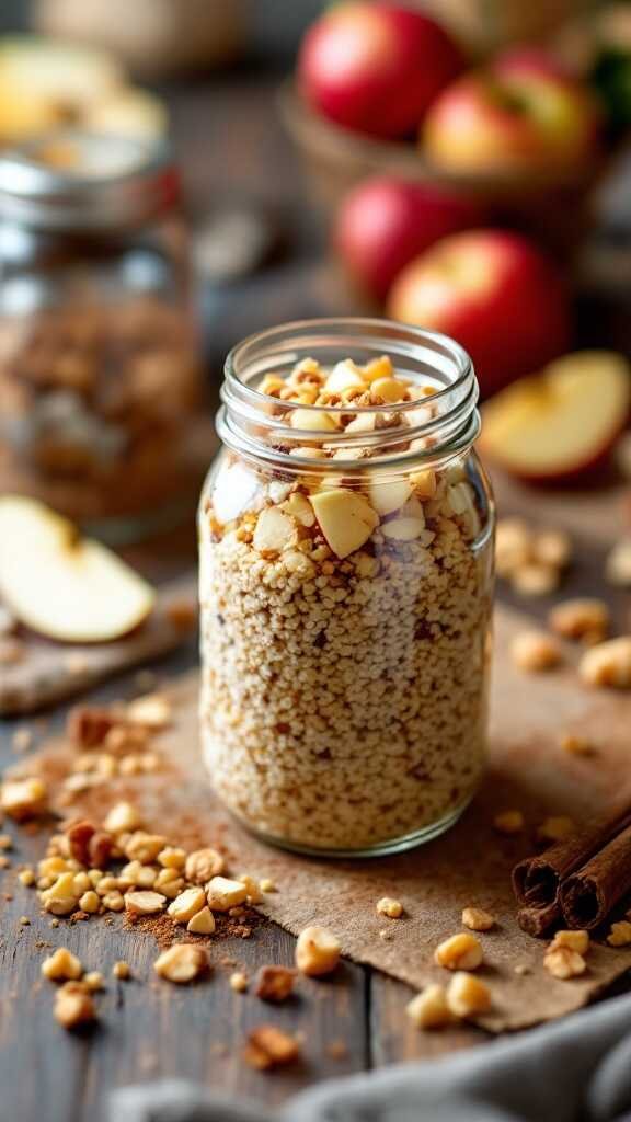 A jar of quinoa topped with diced apples and nuts, surrounded by apples and cinnamon sticks.