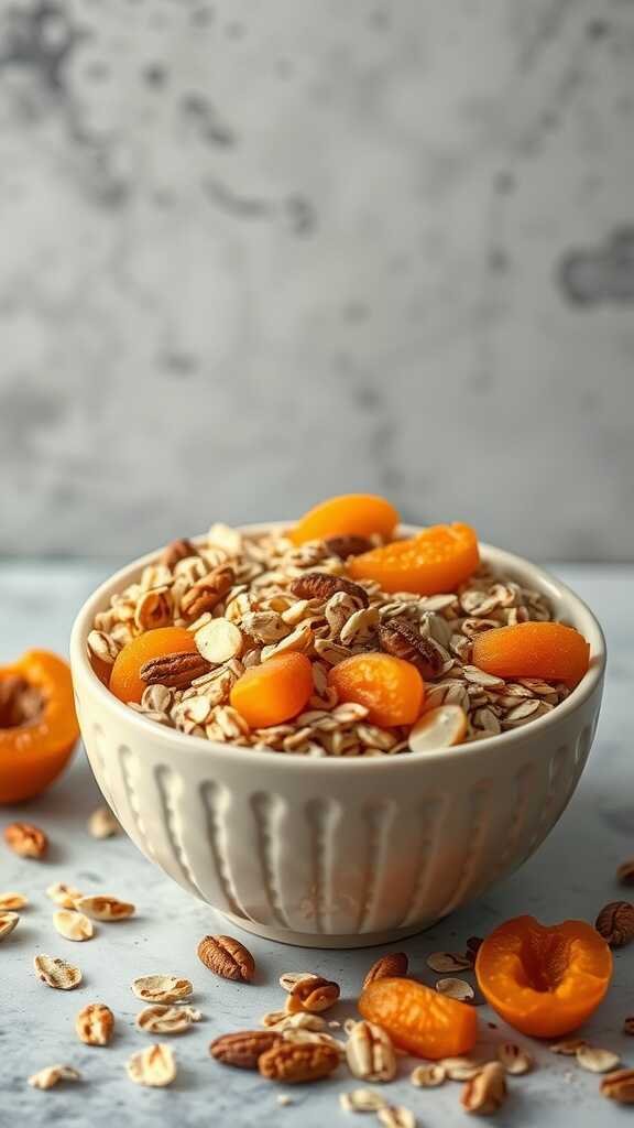 A bowl of apricot almond muesli with oats, dried apricots, and almonds