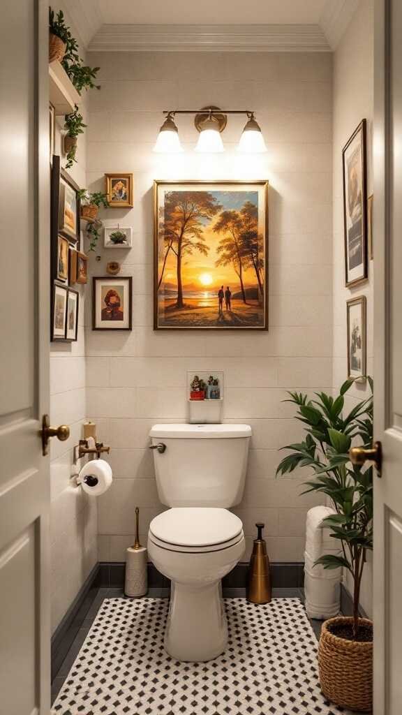 A modern small bathroom with artful decor, including framed pictures and a sunset painting, plants, and stylish lighting.