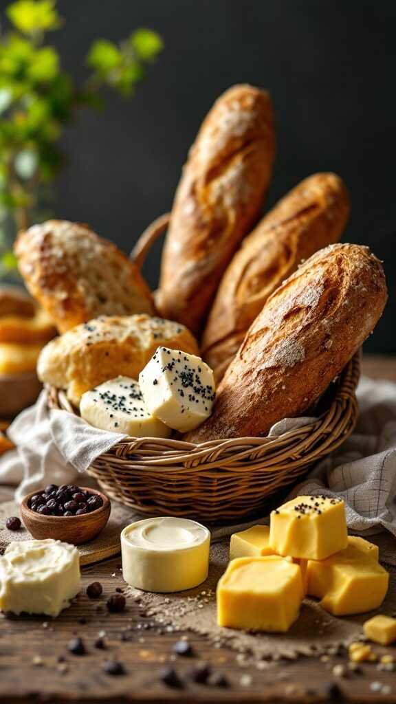 A basket filled with artisan bread and flavored butters for a romantic dinner