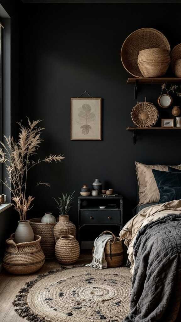 Dark bedroom with artisan handmade decor, featuring dark walls, woven baskets, and cozy bedding.