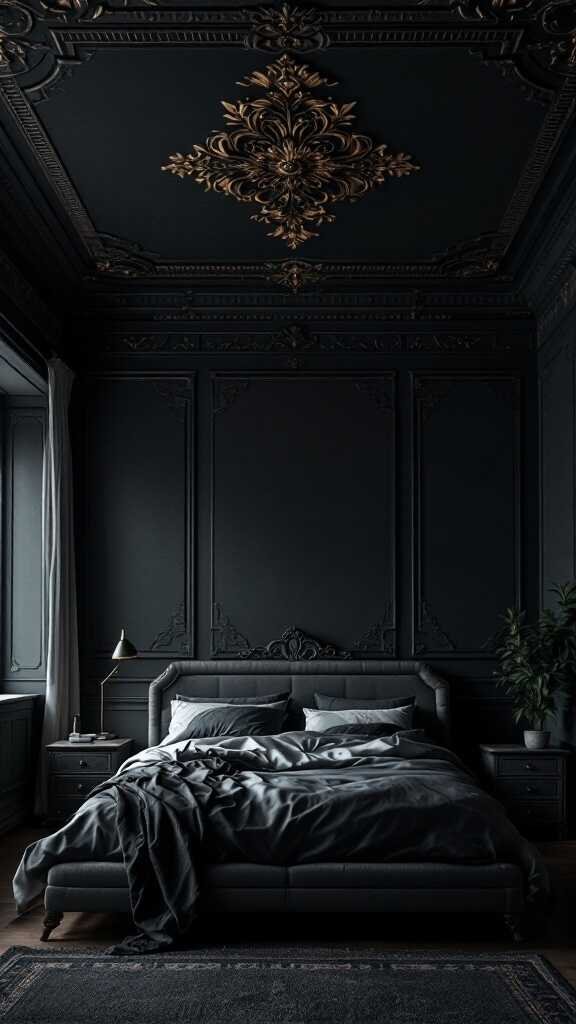 A dark bedroom with an ornate ceiling design featuring gold detailing.