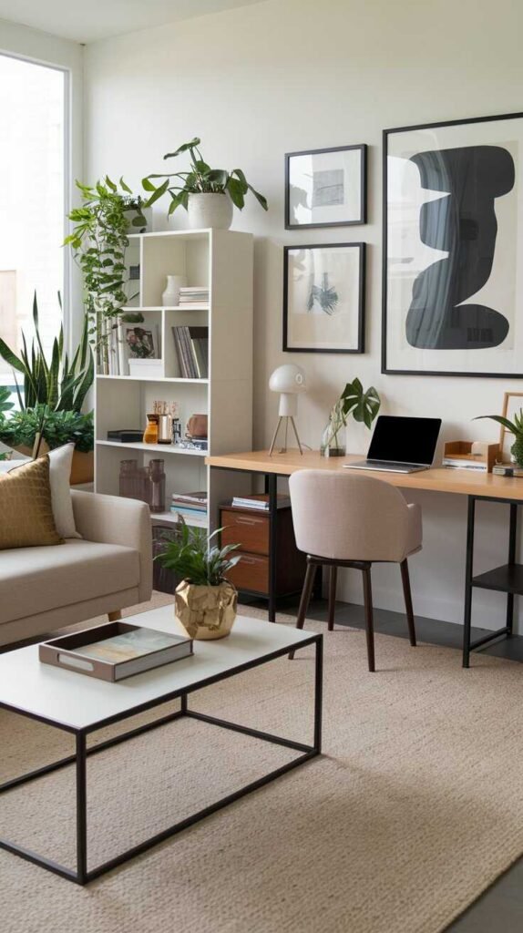 A modern home office with artwork and wall decor featuring framed prints and plants.