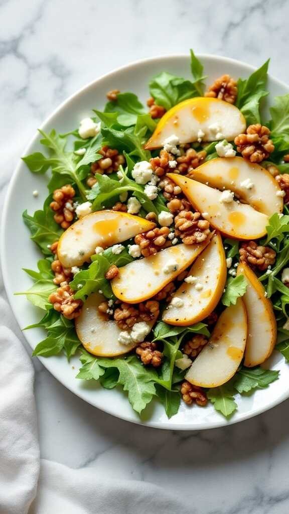 A vibrant arugula and pear salad with walnuts and feta cheese on a plate.