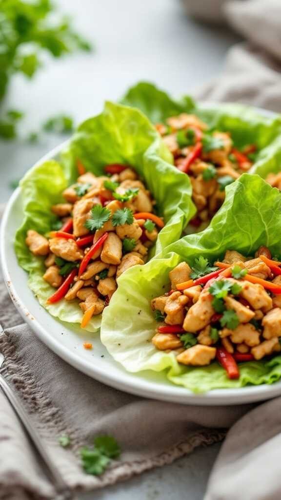 Asian Chicken Lettuce Wraps with vegetables in lettuce leaves.
