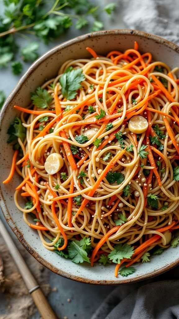 A vibrant bowl of Asian Noodle Salad with noodles, carrots, and herbs