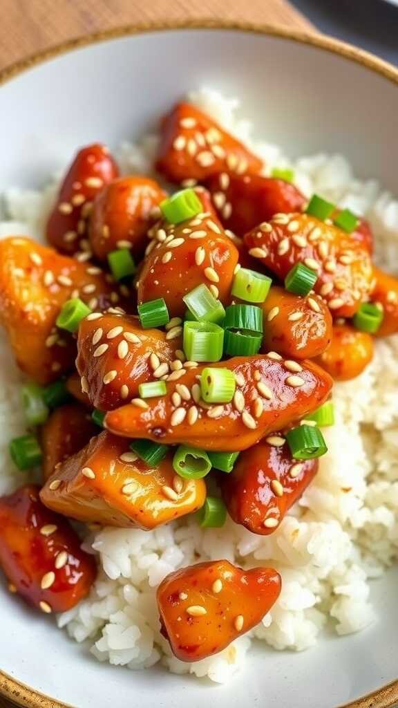 A bowl of Asian sesame chicken served over rice, topped with green onions and sesame seeds.