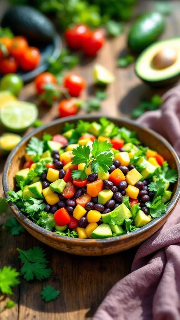 A colorful Avocado and Black Bean Salad with cilantro and lime dressing in a bowl.