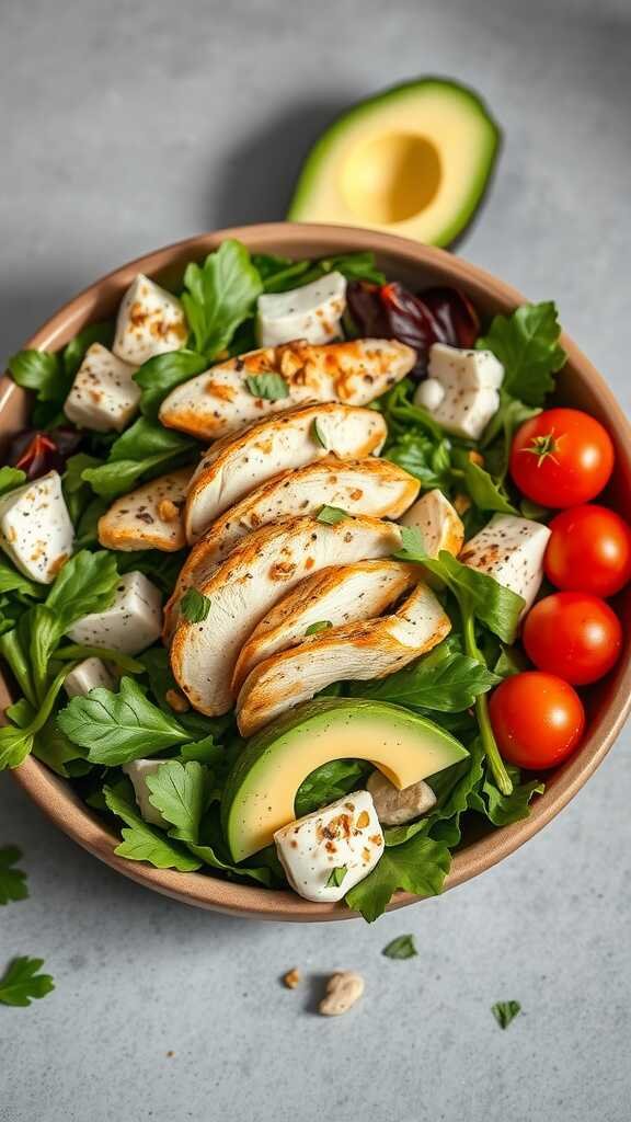 A delicious avocado chicken salad with grilled chicken, mixed greens, cherry tomatoes, and feta cheese.