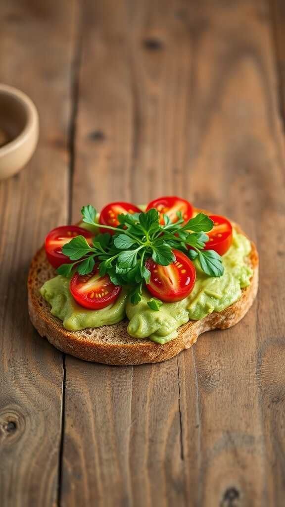 A slice of avocado toast topped with cherry tomatoes and herbs