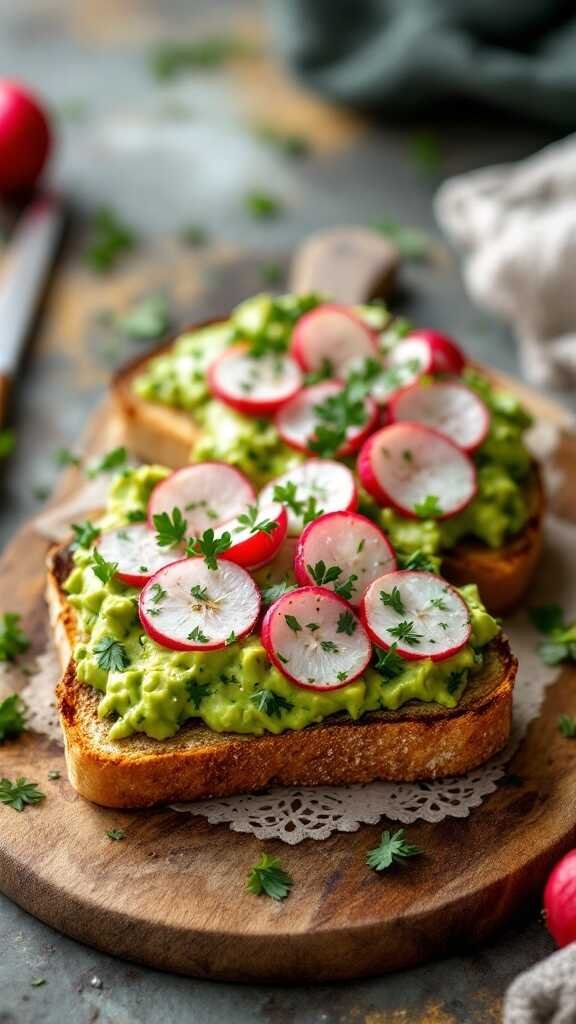 Avocado toast topped with radishes and herbs on a wooden board.