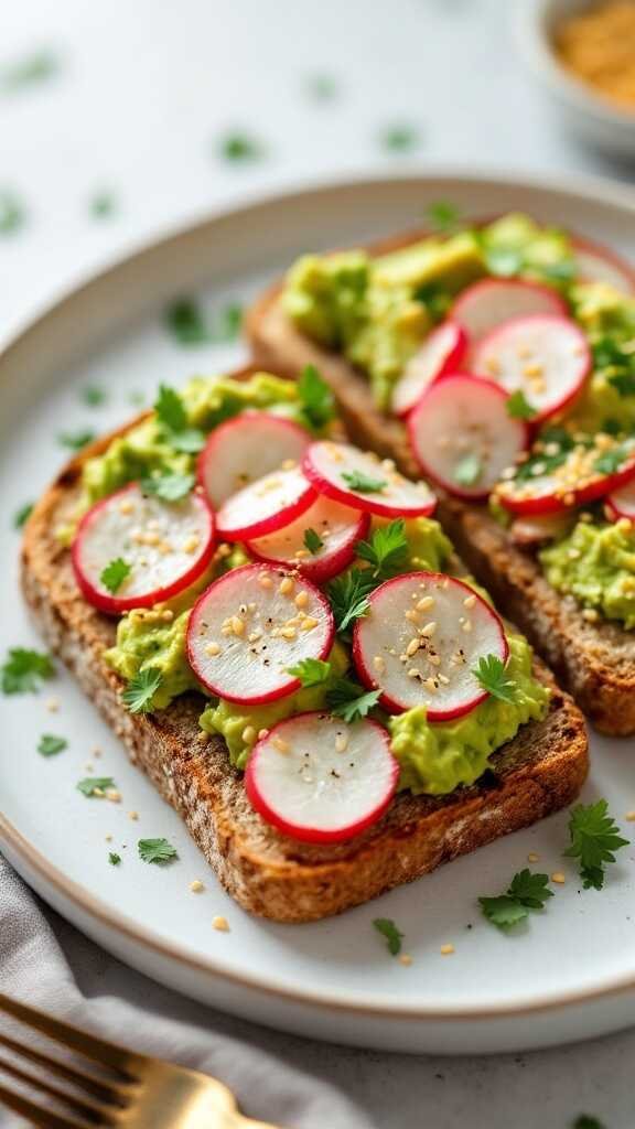 Avocado toast topped with radishes and sesame seeds