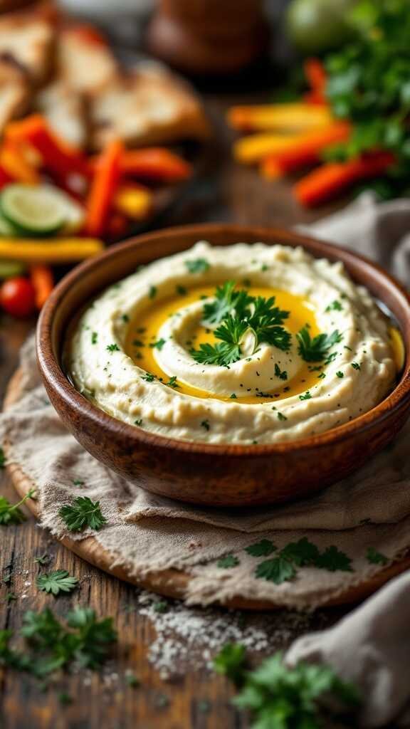 A bowl of creamy Baba Ganoush garnished with parsley and olive oil, surrounded by colorful vegetables and pita.
