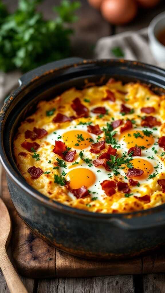 A delicious bacon and egg breakfast casserole cooked in a crockpot, garnished with parsley.