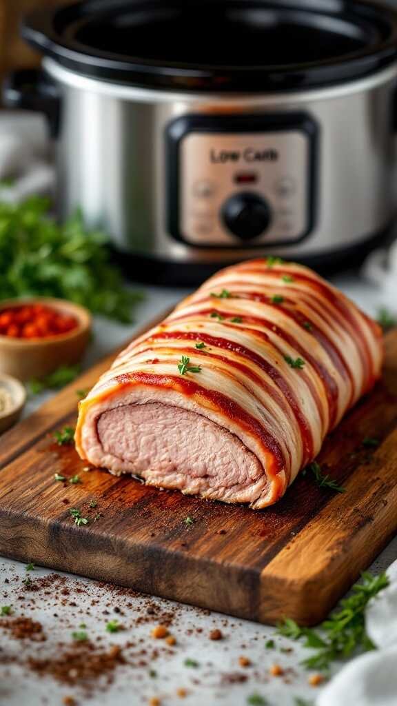 Bacon Wrapped Pork Loin on a wooden cutting board
