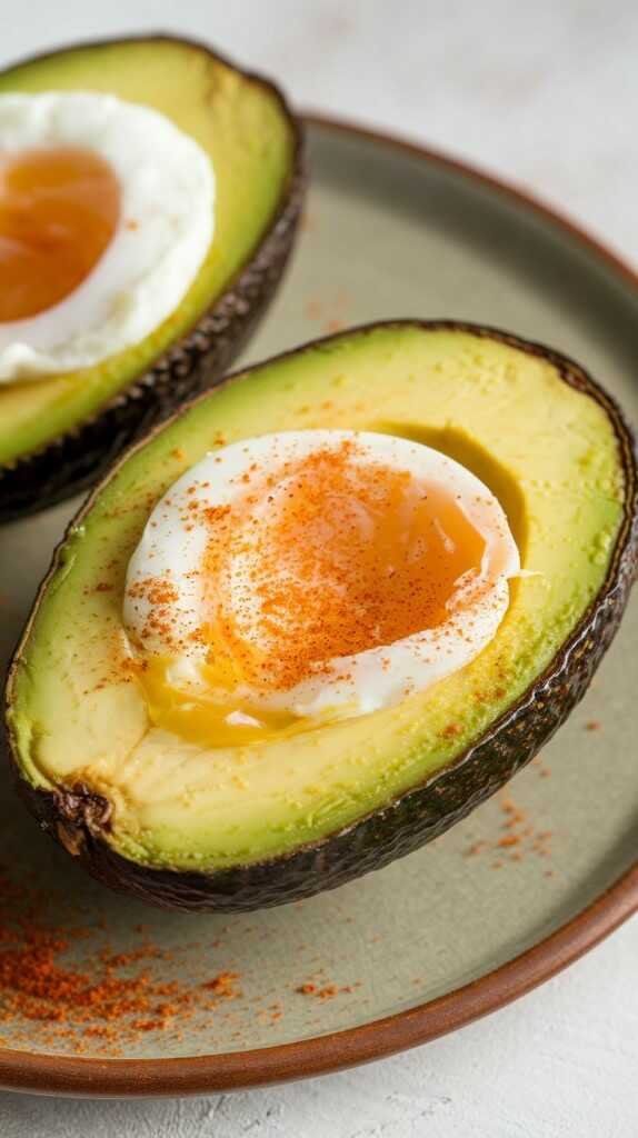 Baked avocado eggs in a baking dish with chives