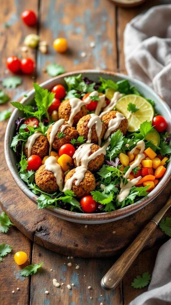 A colorful bowl filled with baked falafel, fresh vegetables, and tahini dressing.