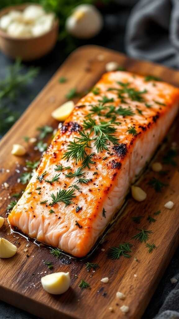 Baked salmon fillet garnished with dill and garlic on a wooden board