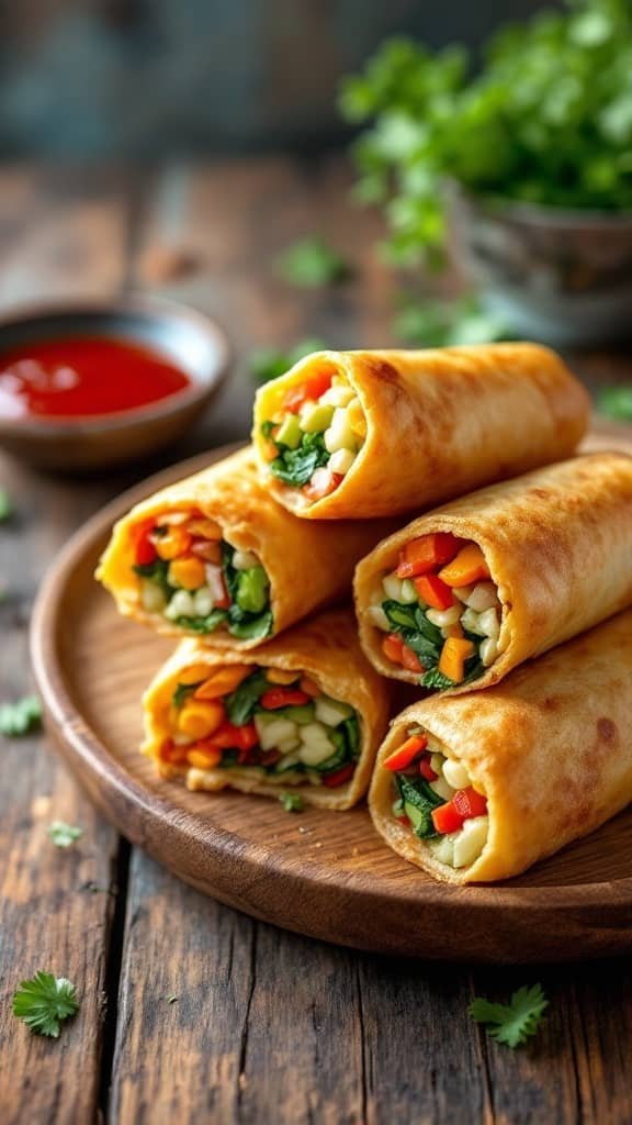 A plate of freshly baked vegetable egg rolls filled with colorful veggies.