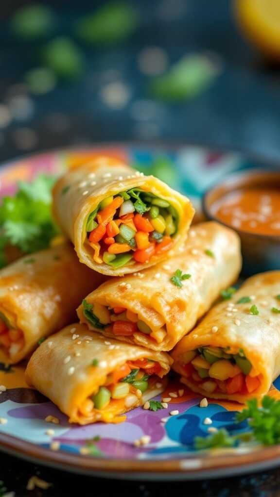 Baked Vegetable Egg Rolls on a colorful plate