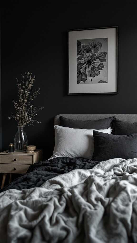 A dark bedroom with a cozy aesthetic featuring dark bedding, light decor, and a moody atmosphere.