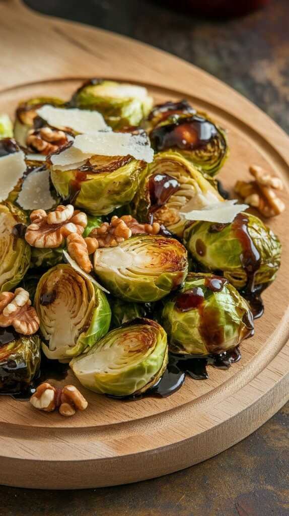 Roasted Brussels sprouts with balsamic glaze, walnuts, and Parmesan slices on a wooden plate. The dish looks savory and appetizing.