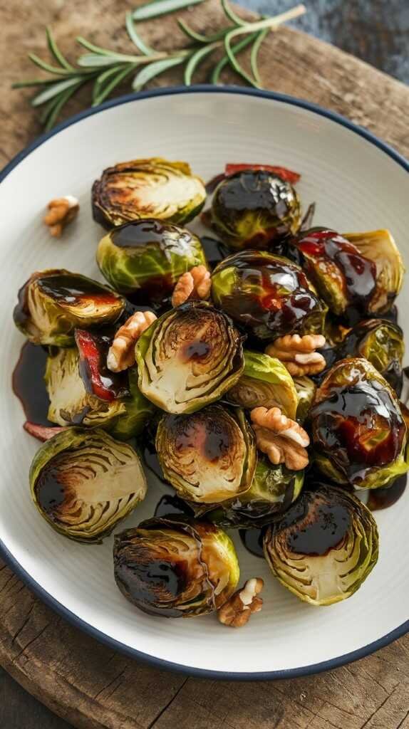 Balsamic glazed Brussels sprouts on a plate