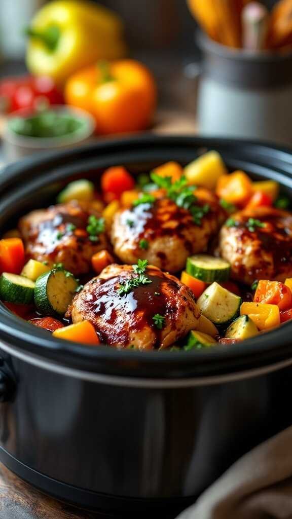 Balsamic chicken thighs slow cooked with vegetables