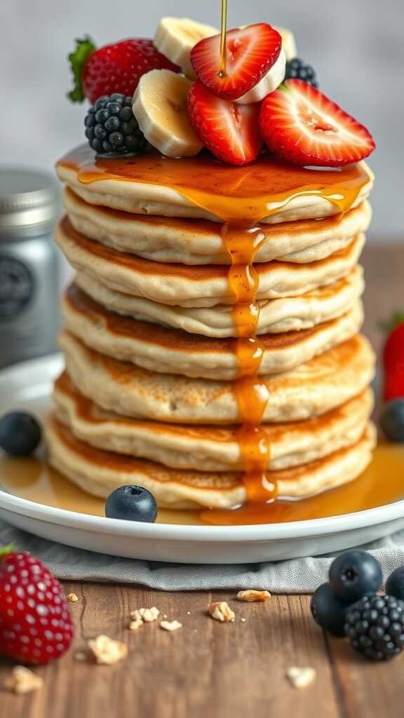 A stack of fluffy banana oatmeal pancakes topped with fresh fruits and maple syrup.