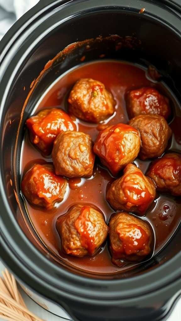 Crockpot with barbecue beef meatballs in sauce