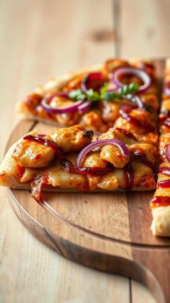 A delicious barbecue chicken pizza topped with red onions and garnished with cilantro.