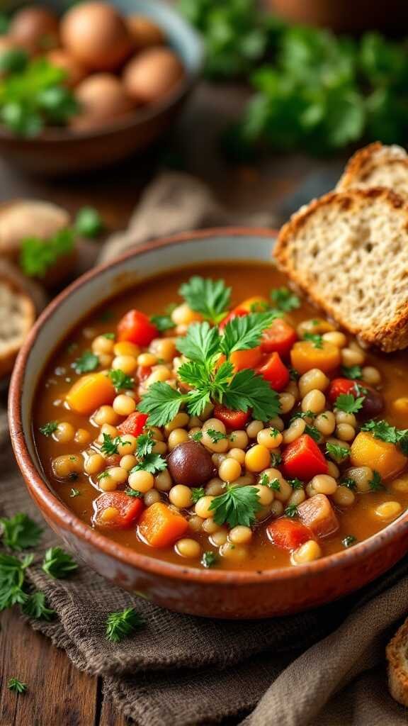 A hearty bowl of barley and vegetable soup with colorful veggies and a slice of bread on the side.