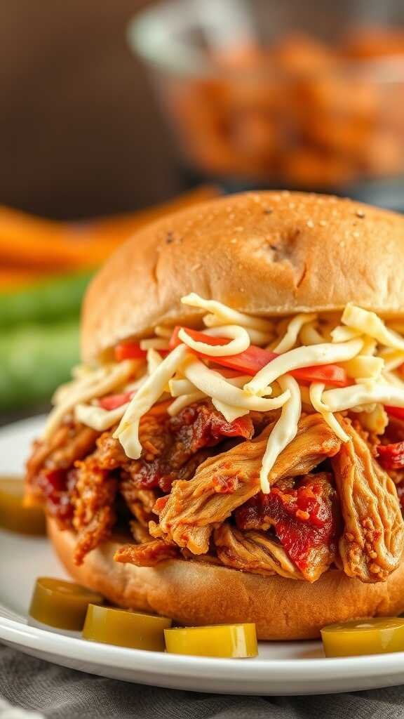 BBQ pulled chicken sandwich with toppings