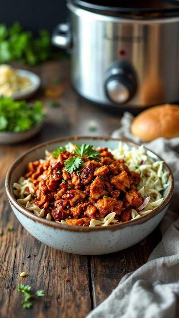 A delicious bowl of BBQ Pulled Jackfruit served with coleslaw.