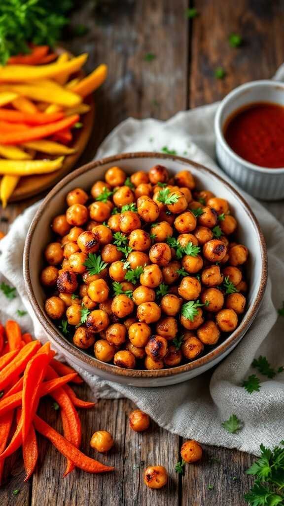 A bowl of BBQ roasted chickpeas garnished with parsley, surrounded by colorful sliced vegetables.