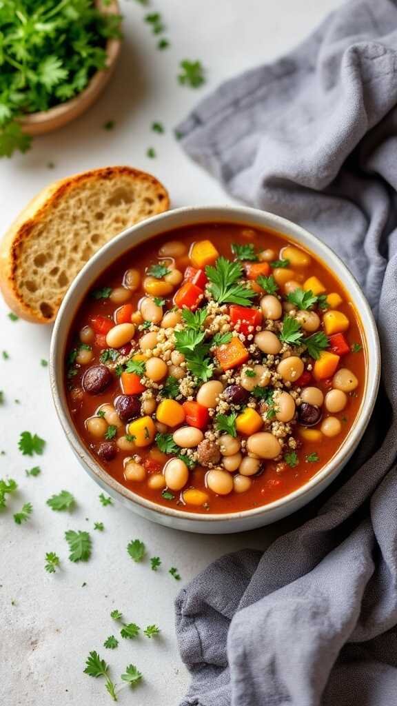 A bowl of bean and quinoa soup topped with fresh cilantro and served with a slice of bread.