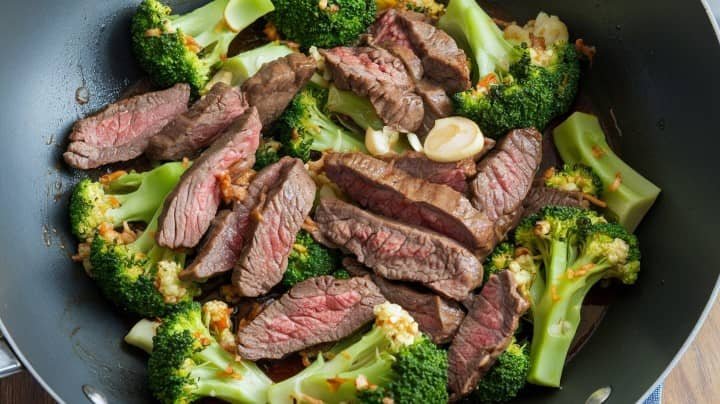 Slices of medium-rare beef and vibrant broccoli florets in a wok, accented with minced garlic. The dish exudes a savory and fresh appeal.